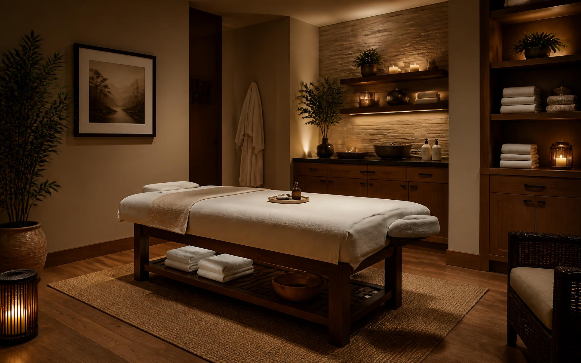 Calm dimly lit massage therapy room with a wooden table and fresh white towels
